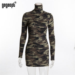 Camouflage Dress Women Stand Collar Long Sleeve Body