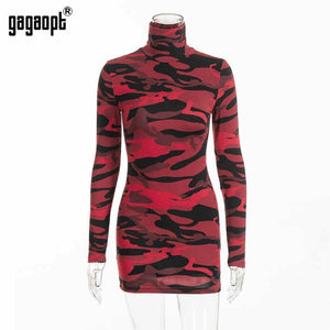 Camouflage Dress Women Stand Collar Long Sleeve Body